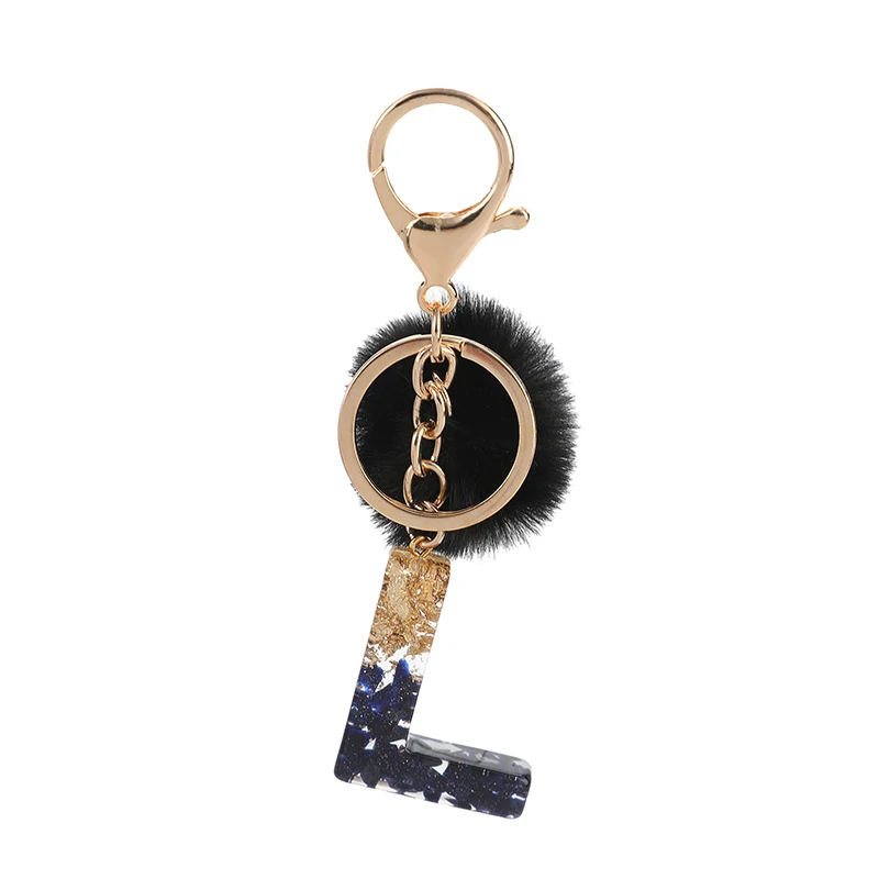 wiwjygz 1pc Black Pompom Letter Keychain English Alphabet Keyring Glitter Gradient Resin Car Mirror