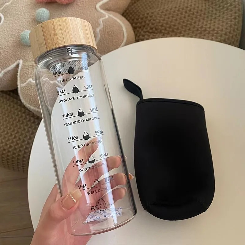 700ml 1000ml Glass Water Bottles with Time Marker Reminder Motivational Water Bottles
