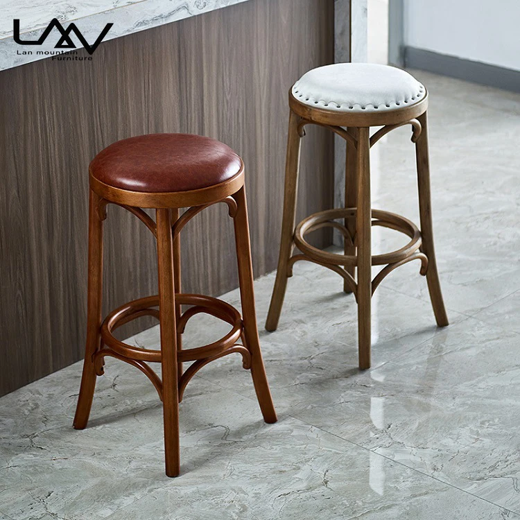 Sgabello In Legno Massello Di Faggio Per Pub E Ristoranti – Seduta Rotonda H50 Cm – Noce - 2