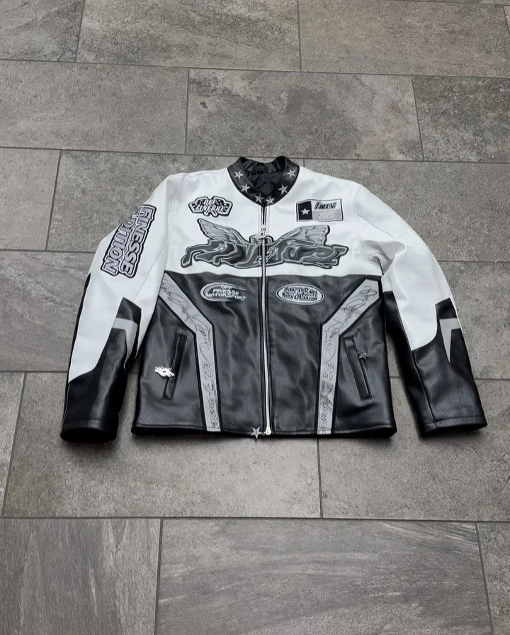 Custom High Quality Patchwork Embroidery Quilted Motorcycle Racing Car Vintage Leather Race Jackets Men gallery 2
