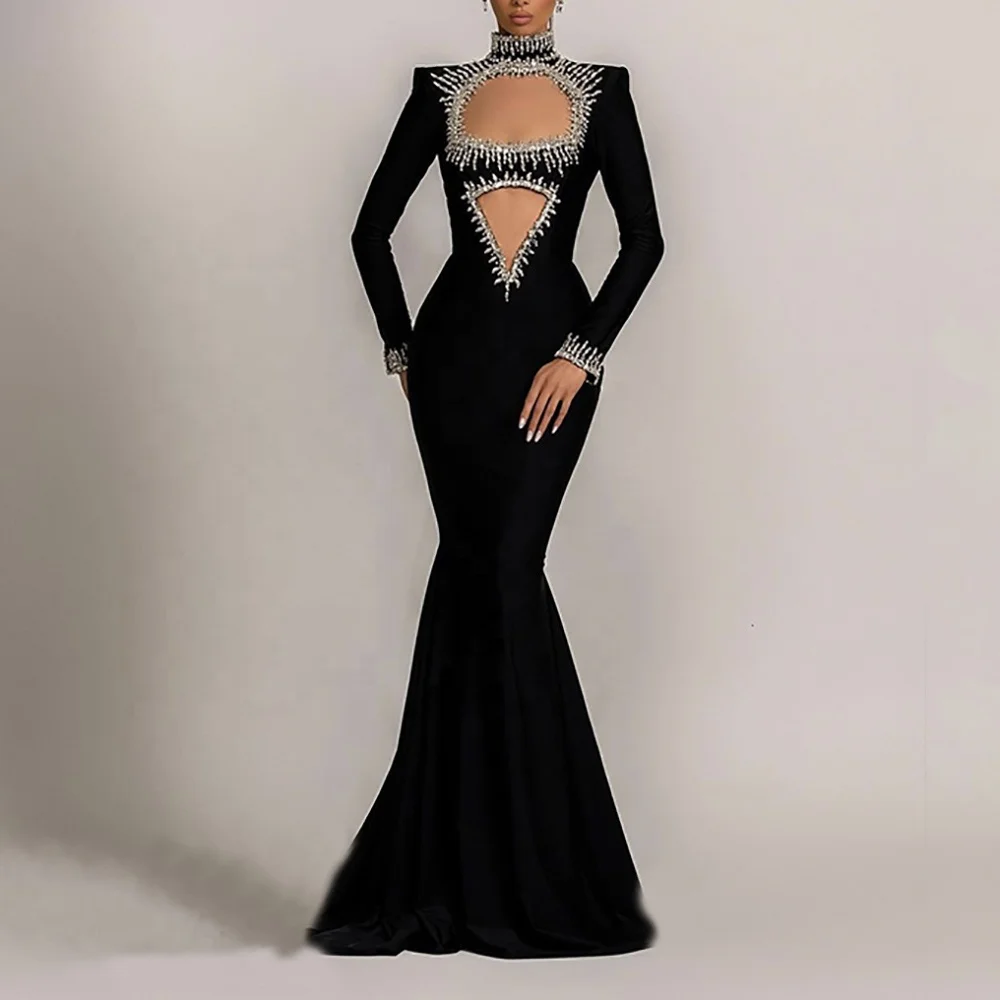 navy blue long sleeve dress formal Navy Blue Long Sleeves Prom Dress Split With Appliques – Newinlook main image 0