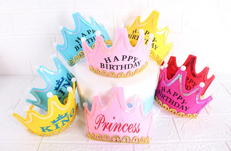 New LED Light up Felt Birthday Hats Princess King Happy Birthday Crown Hat Birthday Party Hat for Kids and Adults