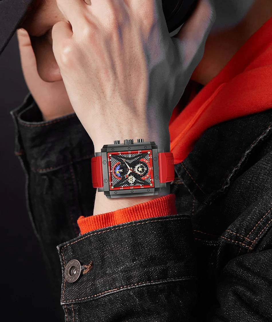 Lige 8965 Luxury Red Fashionable Quartz Watch Rubber Strap Moon Phase 24H Display Chronograph Leisure  Automatic Concept Watch
