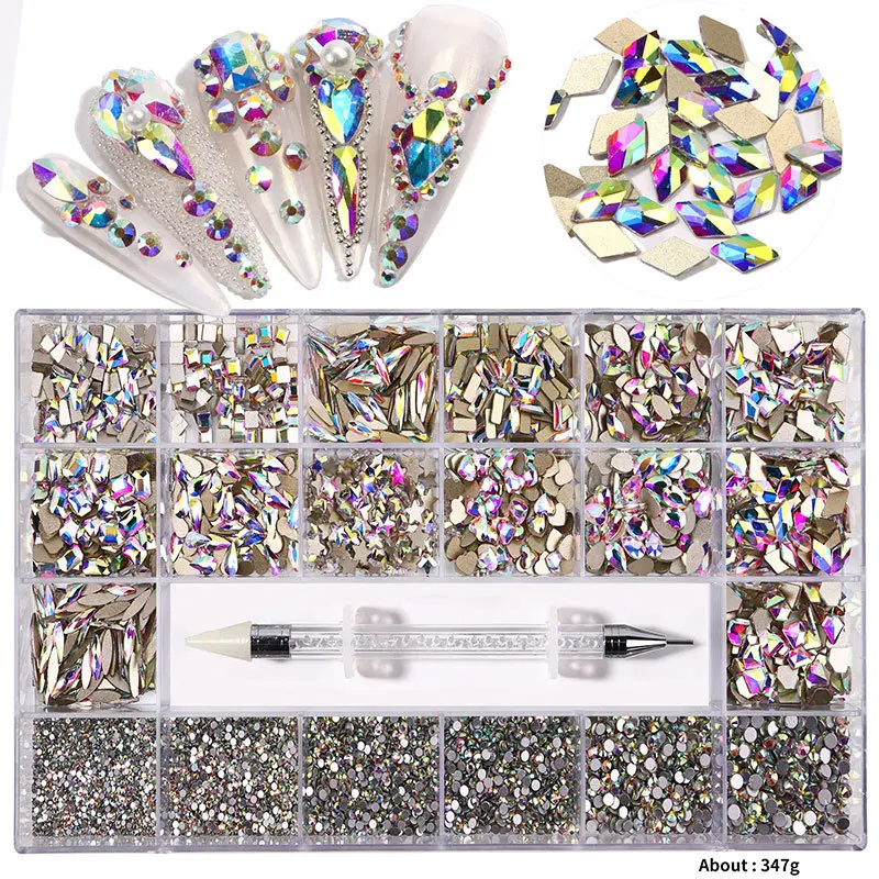 4880Pcs AB Nail Crystals Rhinestones, AB Nail Rhinestones Kit, Multi Shapes  Size Round Beads Flatback Nail Crystals Glass Gems Stones, AB Rhinestones