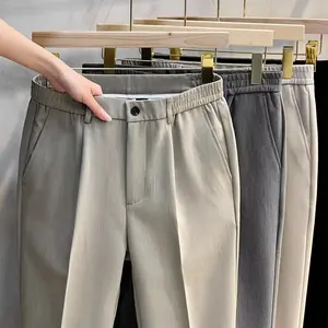 Men's Premium Casual Pants Classic Fit Ironless Flat Dress Trousers Expandable Mid Elastic Waist Waterproof Breathable