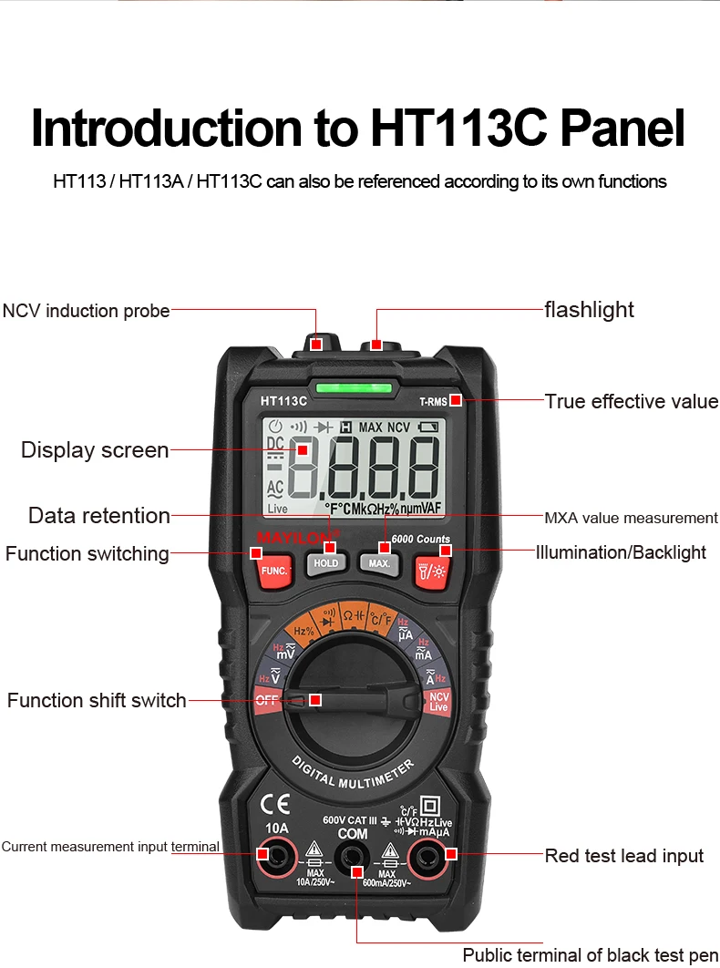 2000 Counts Manual Range Digital Multimeter MAYILON HT113A High Precision with LCD Display NCV Function