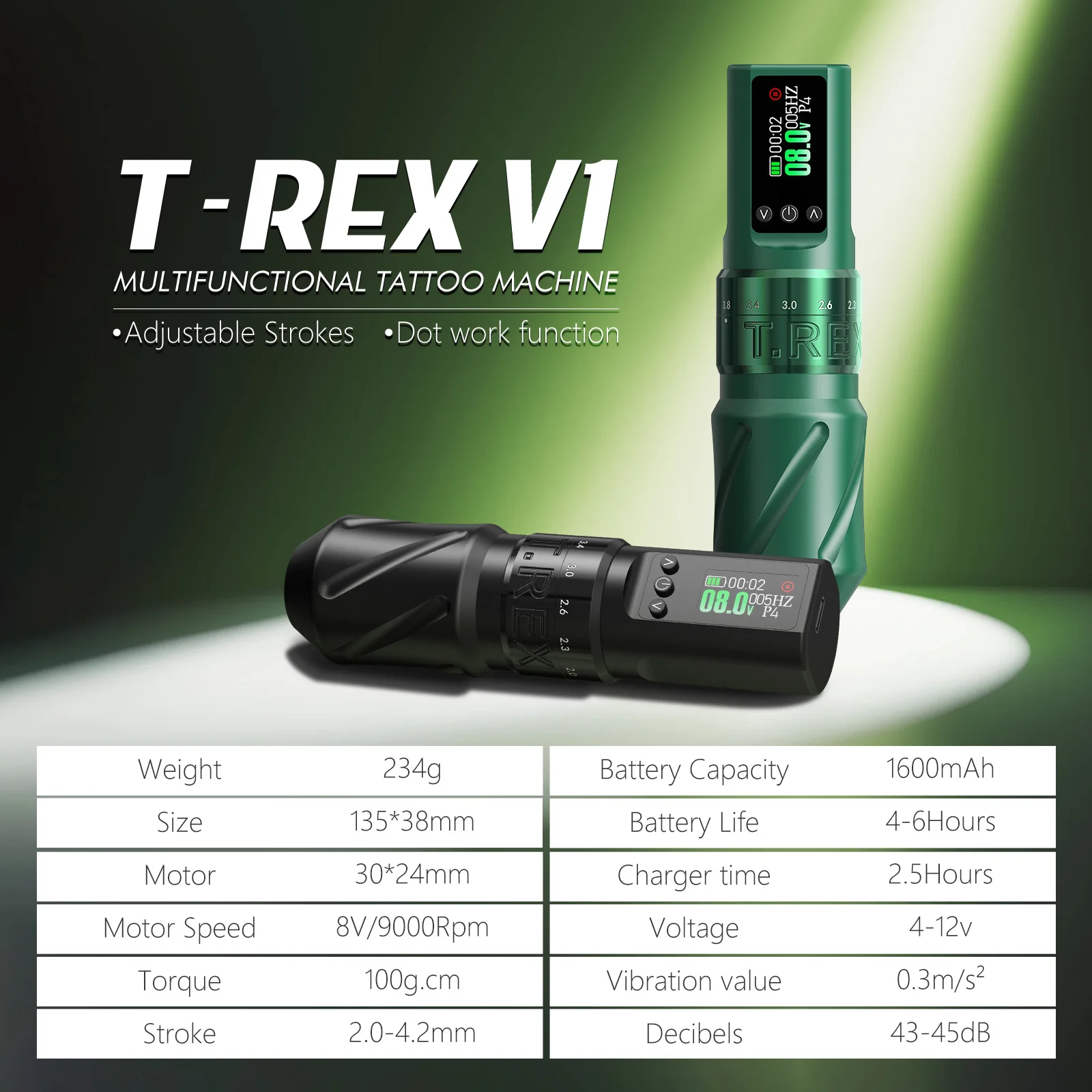 TREX V1 1600mAh Coreless Motor Adjustable Stroke Tattoo Machine