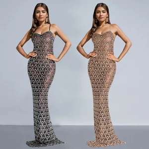 Mesh Diamond Hotfix See Through Sexy Maxi Dress for Women Gown Fashion Elegant Sleeveless Backless Club Party Evening Dress