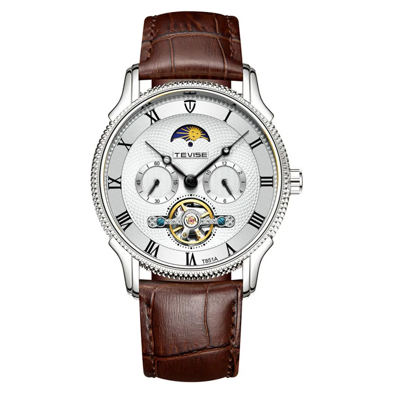 TEVISE-T851A Модные мужские кожаные многофункциональный механические наручные часы оптом, Прямая продажа с фабрики мужские фирменные часы