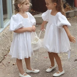 Nimble Puffy Sleeve Birthday Dresses Fair Girl Flower Party Frock Designs with Pearl Decoration