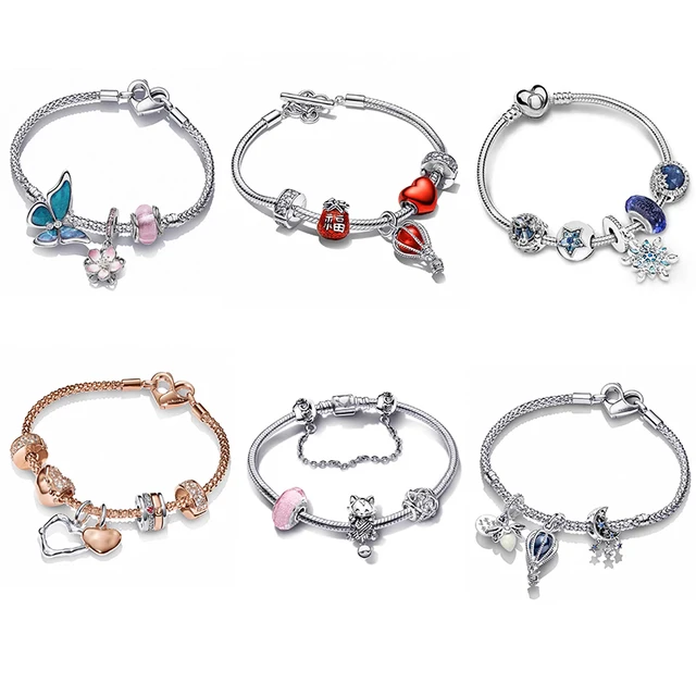 925 Sterling Silver Charm Bracelet for Women Original Design Letter Snake Chain Heart Beads Party Appropriate Gift for Children
