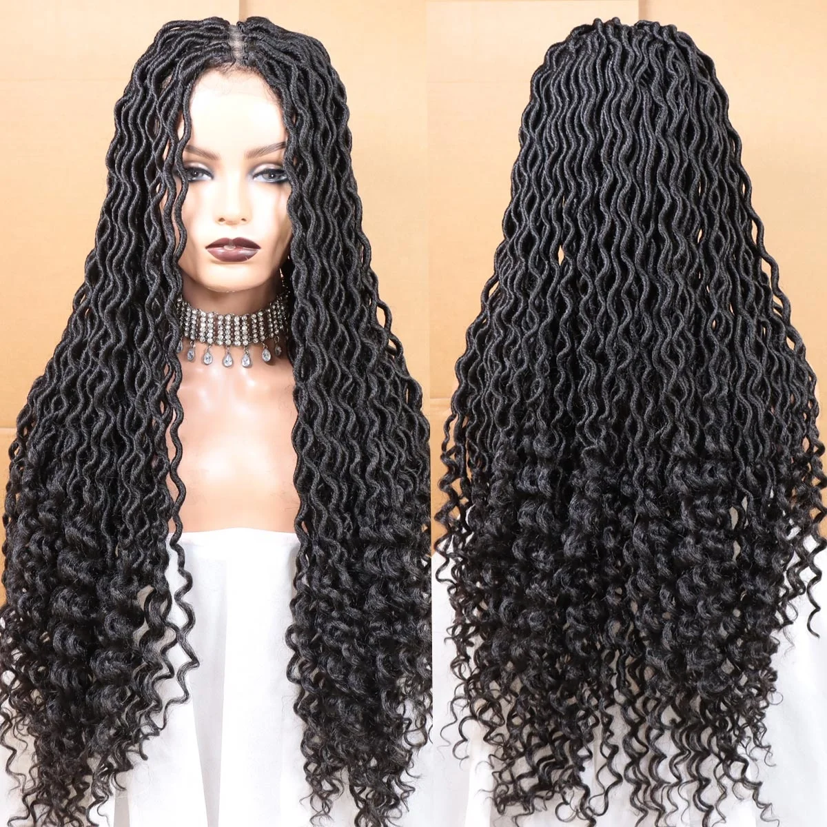 Wavy Faux Locs Braided Wig X Synthetic Lace Frontal Wigs With