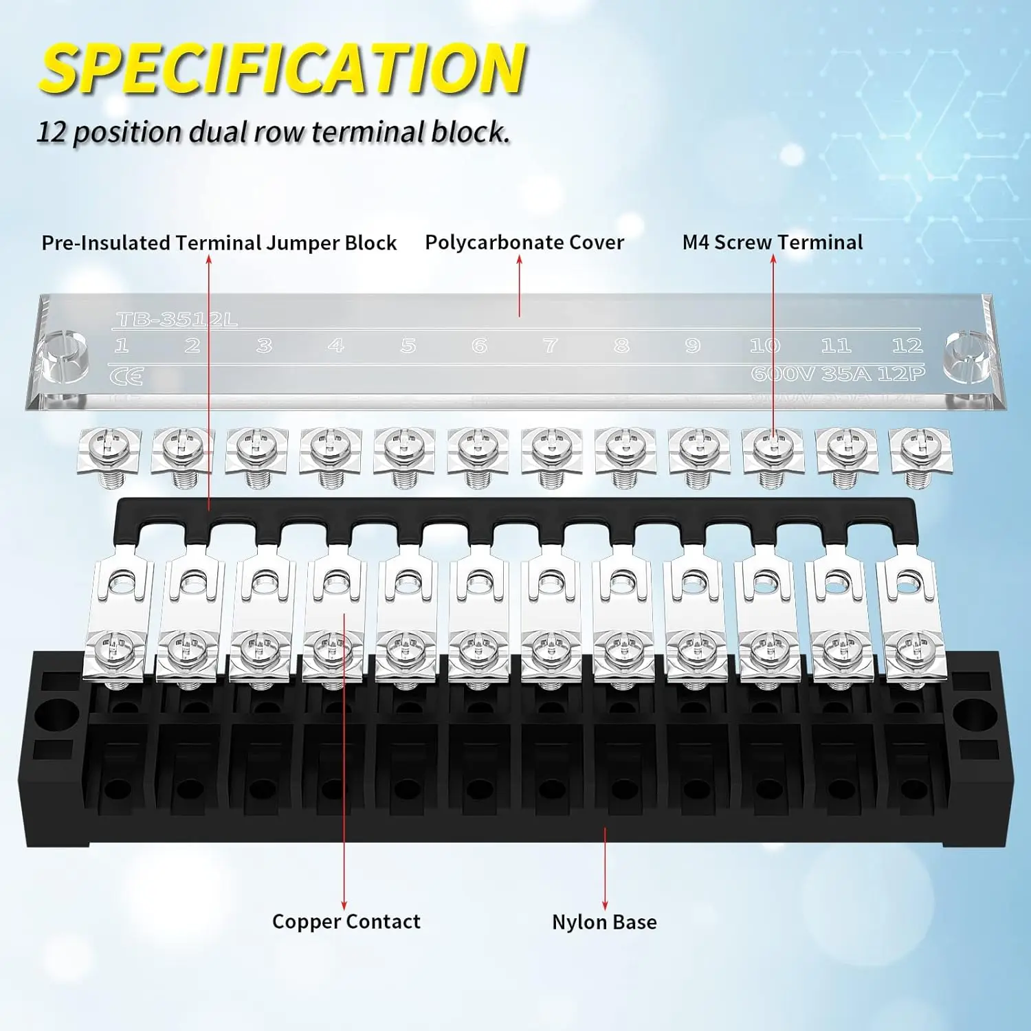 35A Terminal Block 12 Position Screw Terminal Strip Dual Row With Cover