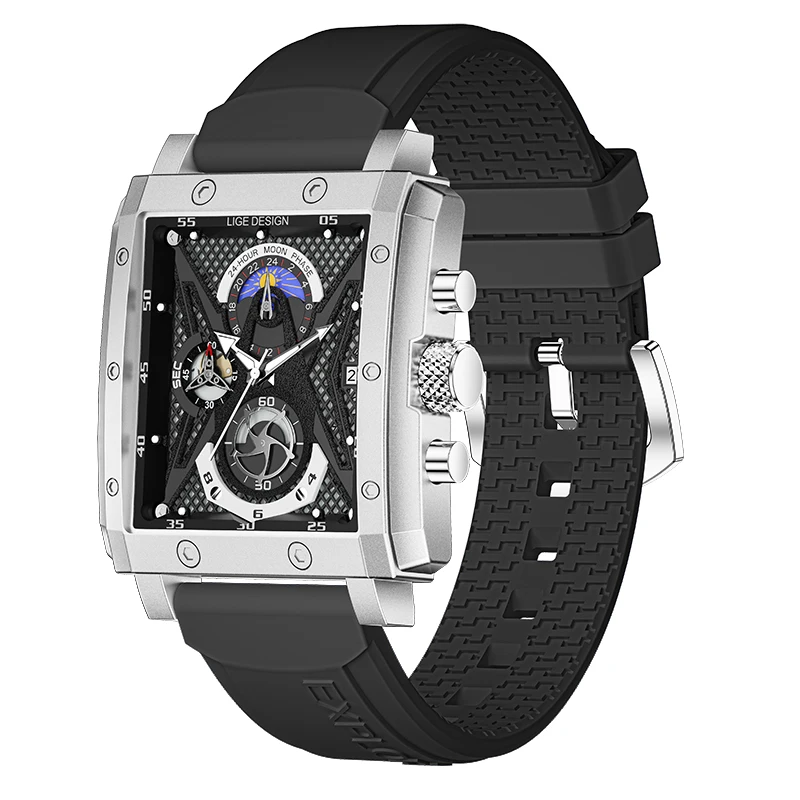 Lige 8965 Luxury Red Fashionable Quartz Watch Rubber Strap Moon Phase 24H Display Chronograph Leisure  Automatic Concept Watch