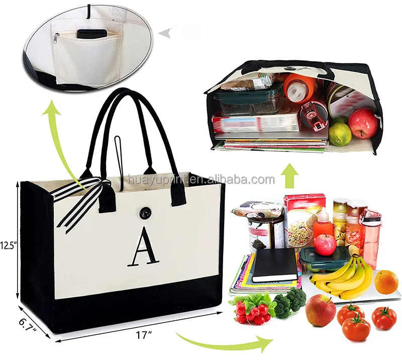 Hot Selling Reusable Women's Handbag Initial Personalized Medium Travel Canvas Zipper Closure Shoulder Beach Tote Advertising details