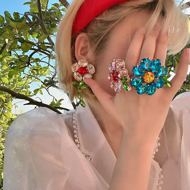 Wholesale INS Fashion Flower Earring Full Crystal Colorful Big Flower  Shaped Earring From m.