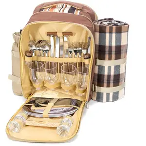 Picnic Backpack Basket Wine Cooler Stylish All in One 4 People Complete Tableware Set Waterproof Fleece Portable Picnic Bag