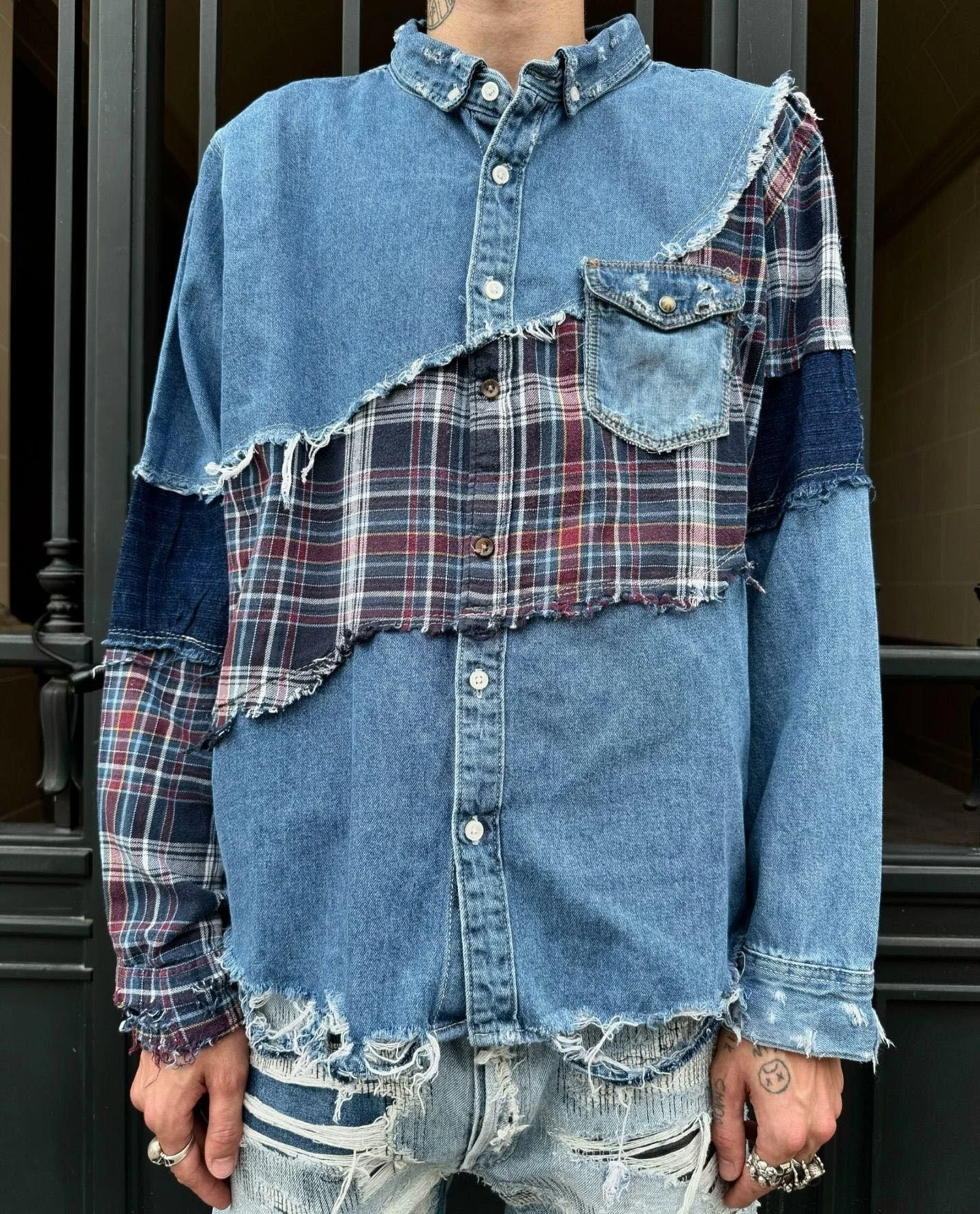 Salati Custom Cut Sew Oversized Button Acid Wash Vintage Distressed Panel Plaid Mix Flannel Denim Shirts Men Spring Quick Dry