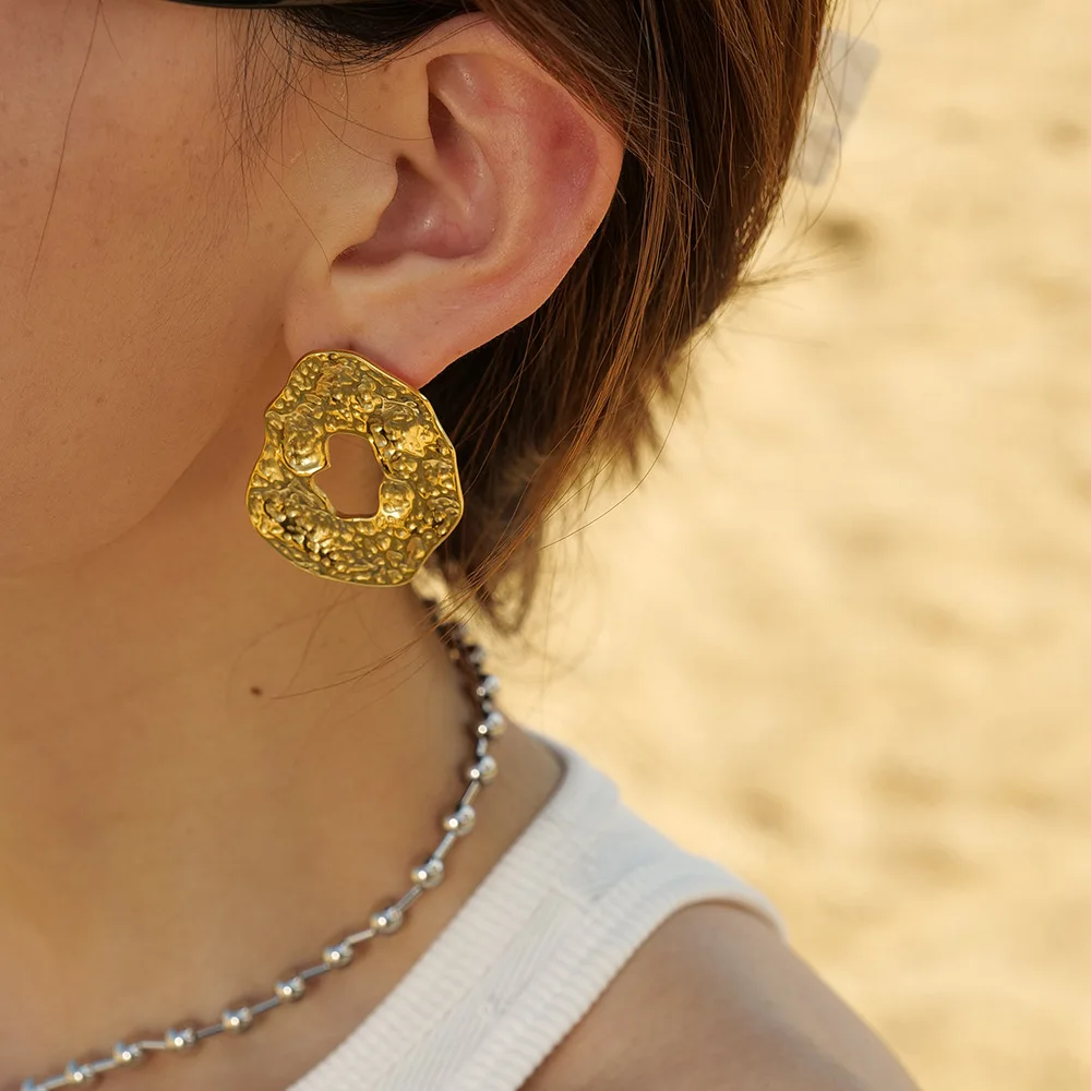 Chic Hypoallergenic Statement Earring Hammered Texture Stud Earring Gold Plated Stainless Steel Jewelry Large Drop Earrings