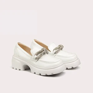 Lily Wei Women's White Microfiber Shoe Upper Platform Loafers with Rhinestone Knot Detail for Casual Daily Wear