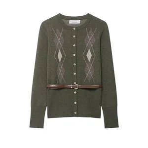 Women 2025 Autumn New Fashion Belt Geometric Button Knitted Cardigan Sweater Vintage Long Sleeve Casual Outerwear 100% Polyester