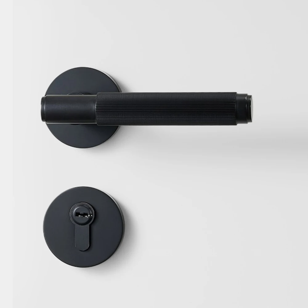 Luxury Zinc Door Handle Brass Knurled Door Lock Handle Set Euro Villa Interior Lever Matt Black