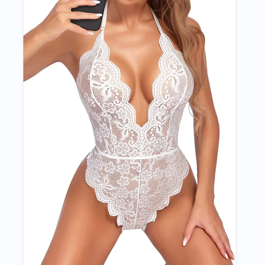 Plus Size Lingerie for Women Sexy Eyelash Lace Bodysuit Naughty Mesh One  Piece Teddy Outfits 