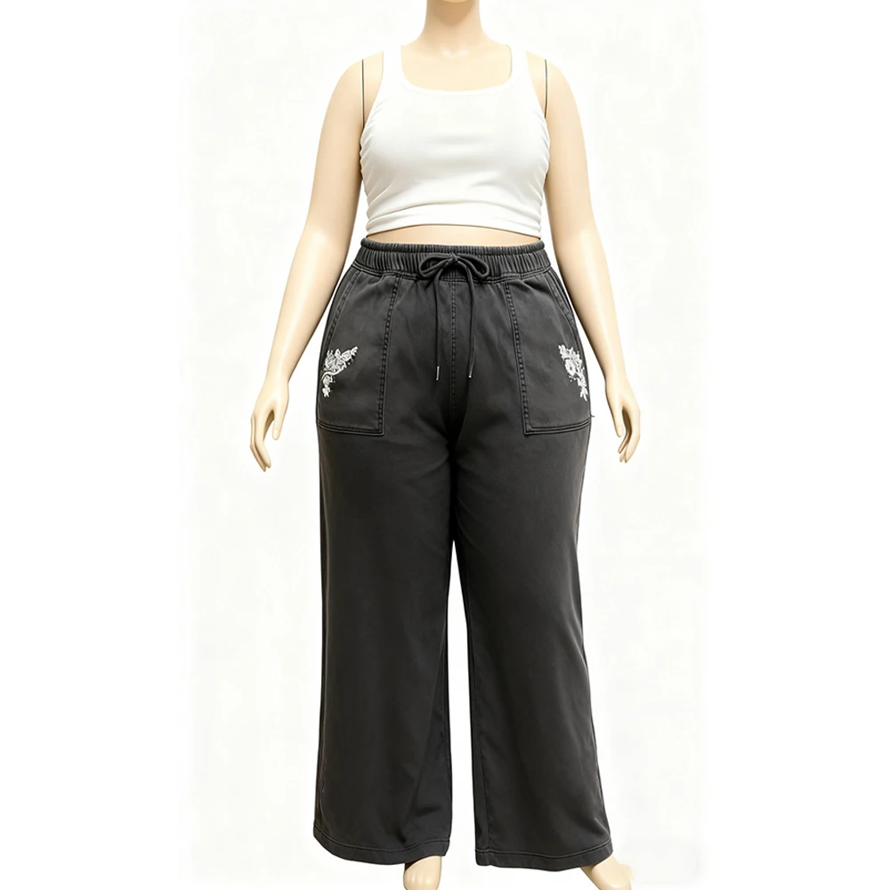 Plus Size Floral Embroidered Women's Wide Leg Pants Trendy High Waist Loose Fit Casual Trousers with Drawstring
