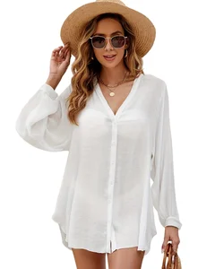 Solid Color Stretch Mesh Long Swim Dress Cover up Sun Protection Summer Beach Dress Recyclable Fabric V-neck Swimsuit for Women