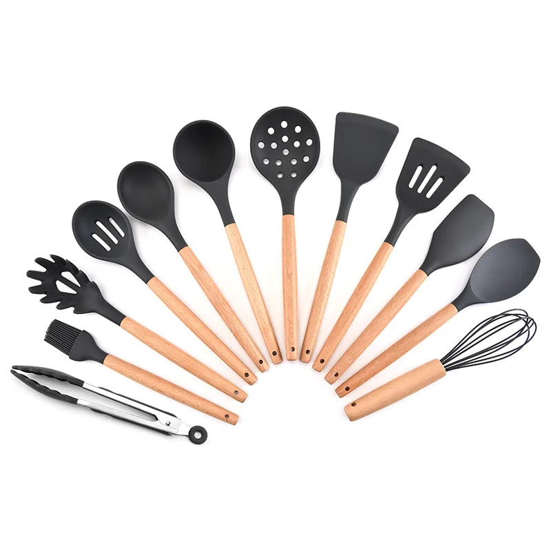 5PC Silicone Cooking Kitchen Utensils Set with Holder,Wooden