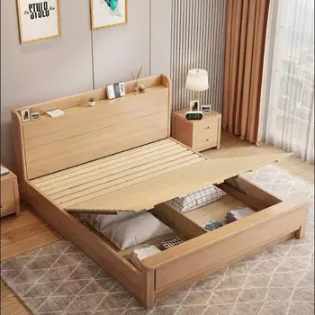 Light Luxury Simple Double High Box Storage Double Solid Wood Bed King Bed Bedroom Furniture