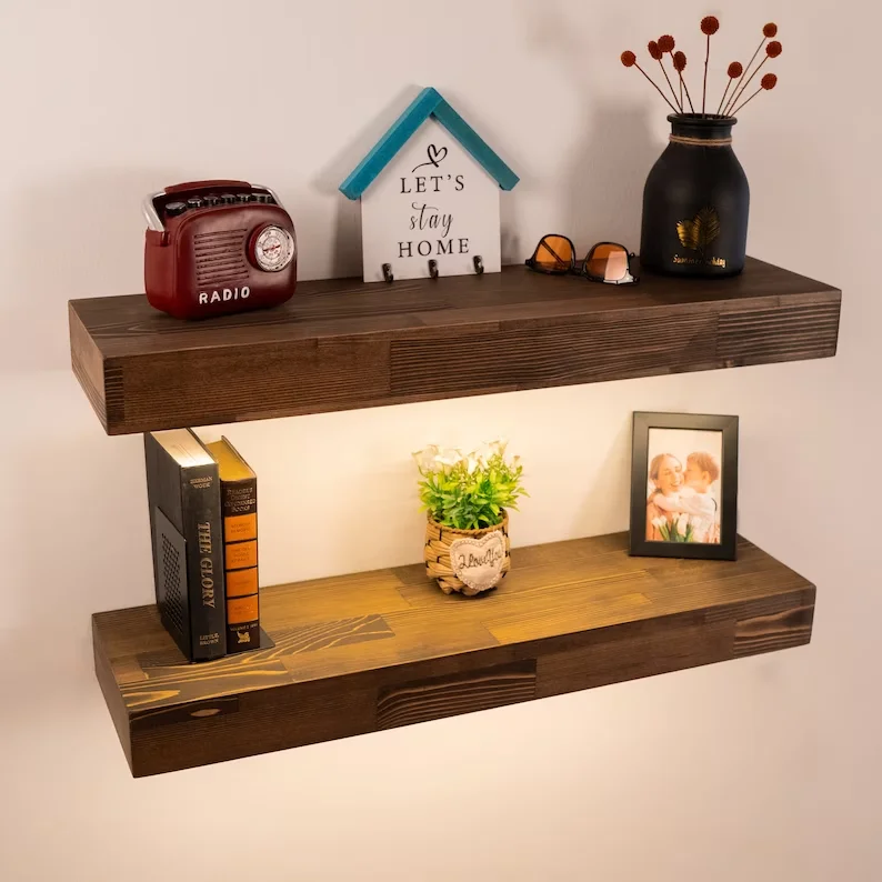 Modern Home Decor Floating Shelf Creative Liquor Shelf Wooden Thick Wall Shelf with LED Light Strip