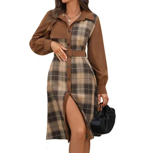 Retro-style casual dress for women in the autumn of 2025, a checkered patchwork work or casual corduroy shirt collar dress