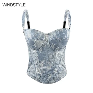 Vintage Floral Embroidered Lace Crop Top Breathable Skinny Body Shaping Strapless Halter Short Square Collar Sexy INS Style