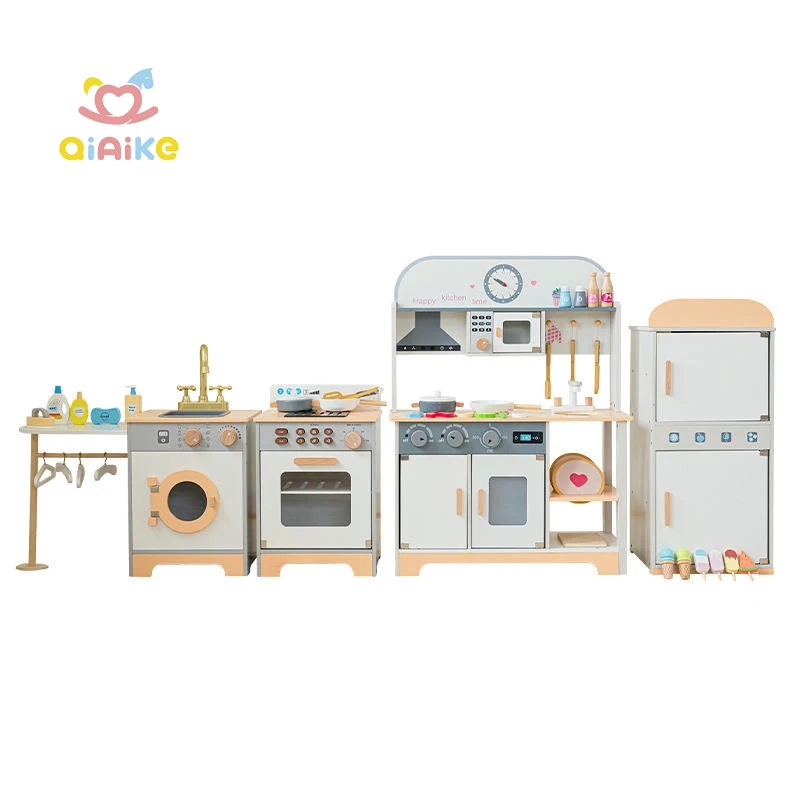 幼児向け木製ミニキッチンセット プレイハウス 冷蔵庫 洗濯機 ストーブ付き 模倣ごっこ遊び 仮装遊び 幼稚園教育用