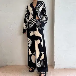 Fall New Arrivals Casual Positioning Printing Long Sleeve Blouse Shirt Straight Wide Leg Pants Two Piece Fashion Set Wholesale