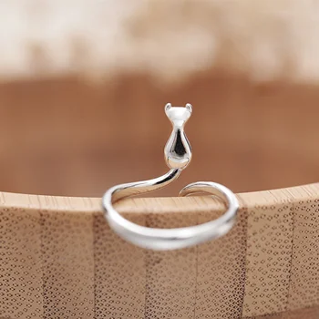 Anello Regolabile Con Gatto – Argento, Dito Aperto, Gioiello Donna In Stile Geometrico, Regalo Unico