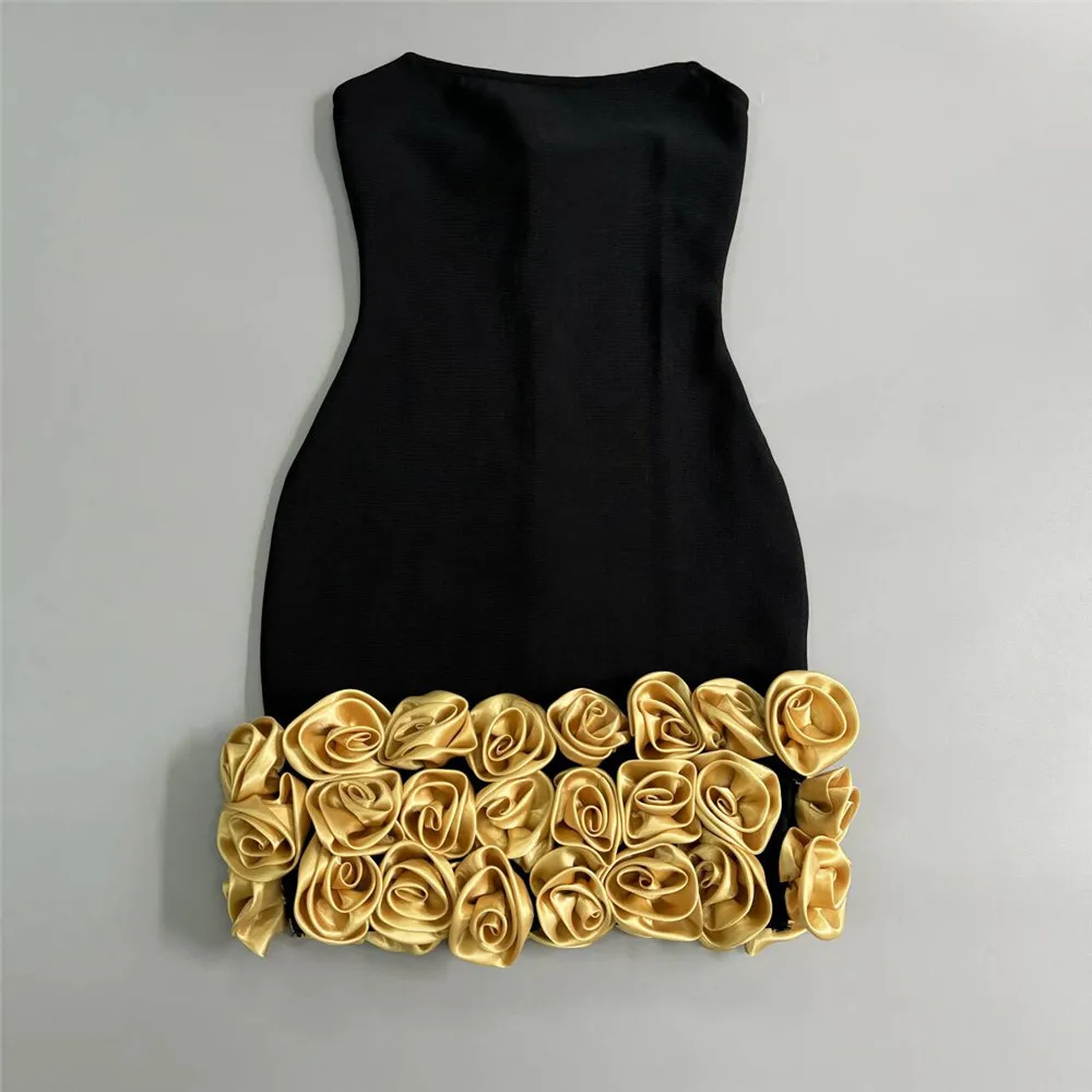Fashion Black Bandage Mini Dress 3d Flower Short Simple Birthday Evening  Cocktail Party Dresses for Women Formal Gowns