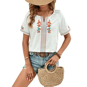 European and American Leisure V-neck Shirt Design Embroidered Women's Top American Elegant Fashionable 2024 Summer for Blouse