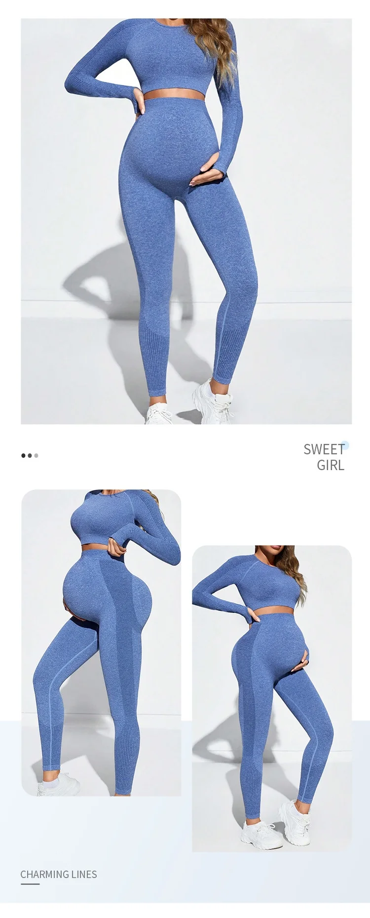 product seamless knitted pregnant women long sleeve yoga set europe america sexy abdominal support peach hip tight maternity sports set-57