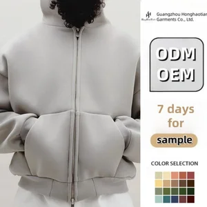 ODM Luxury Plain 600gsm Blank Thick Heavyweight Cotton 100% Blend French Terry Hoodie Cropped Double Zipper Custom Zip up Hoodie