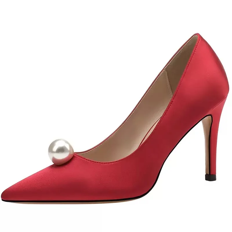 Ladies Bride Shoe Pointed Toe Stiletto Wedding Shoes Set Big Size White Lace Pearls 8 Cm Heel Women