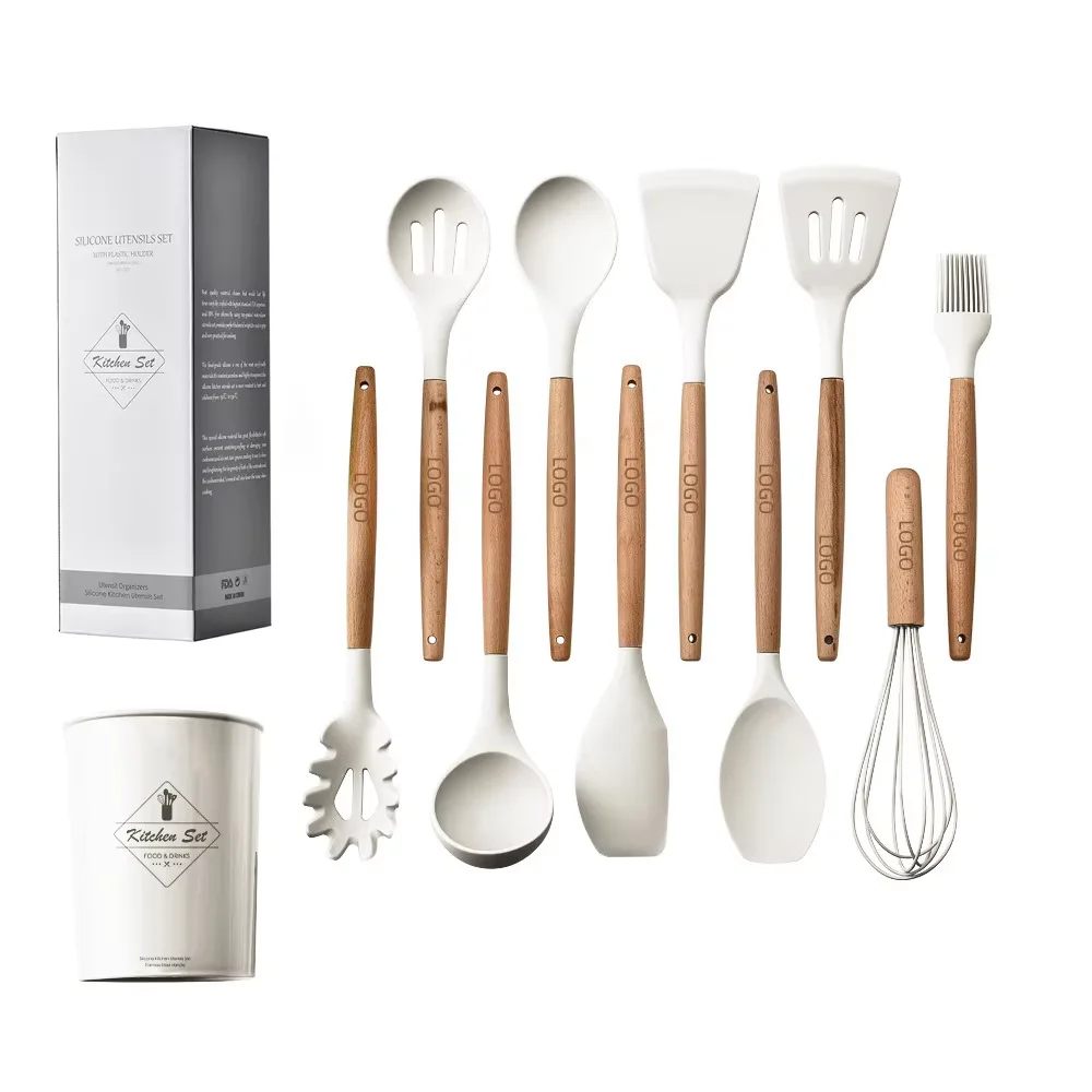 OEM ODM Creamy White Wooden Handle Silicone Kitchenware Wholesale Nonstick Spatula Cooking Tools Kitchen Utensils