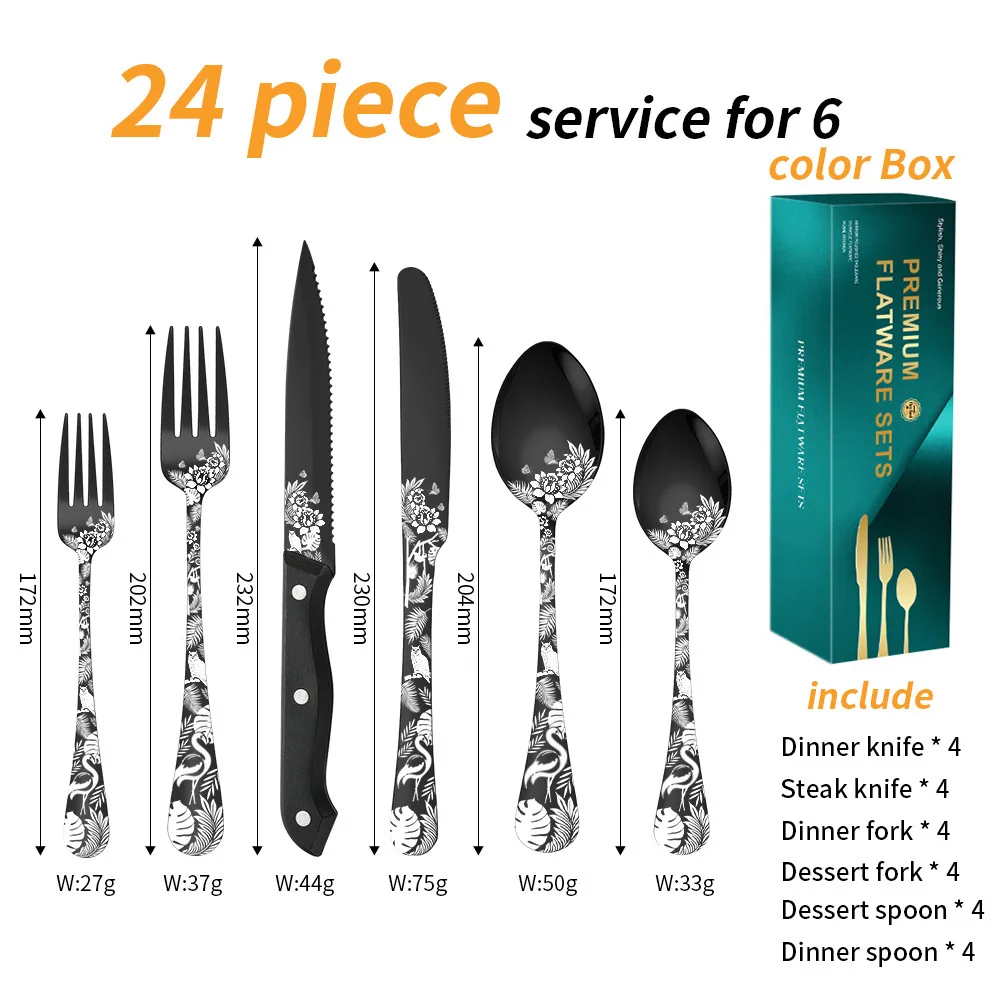 Hot Selling Pattern Handle Wedding Cutlery Set Stainless Steel Steak Knife Dessert Fork Spoon 24Pcs Gold Cutlery Set
