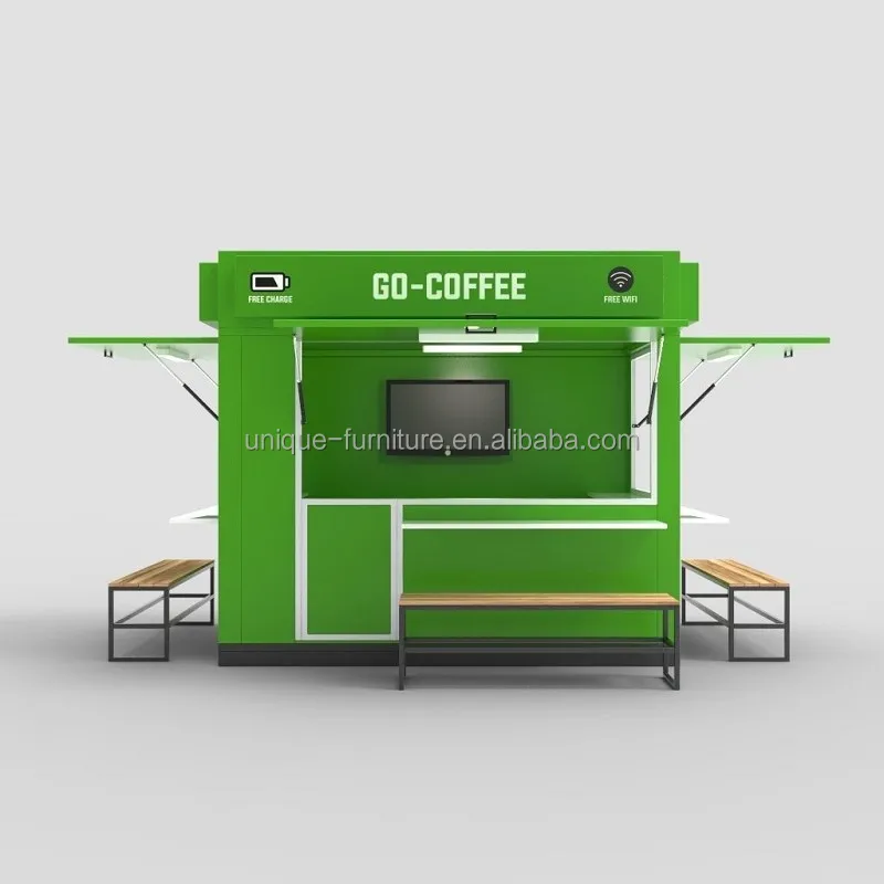 Retail Booth Outdoor Kiosk Design Attractive Green Street Food Store Furniture with Seating Chairs Coffee Display Stand for Sale