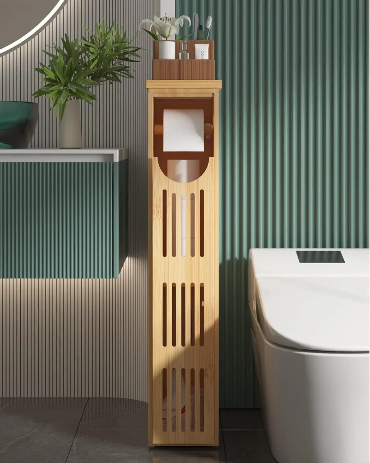product bamboo slim bathroom storage cabinet narrow toilet paper holder freestanding tall organizer for toiletries  bathroom essentials-6