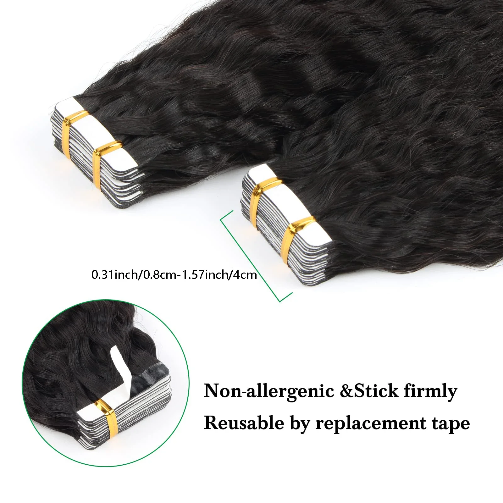 Kinky Straight Tape in Hair Extensions #1B Prawdziwe włosy ludzkie 16-26 cali_voghion.com