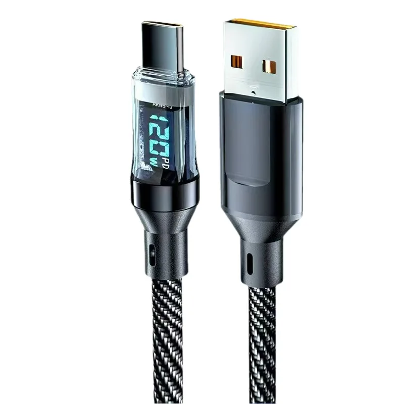 120W USB Type C Fast Charging Data Cable Digital Display Smart Power Off Braided Cord for Phone Lap Tablet