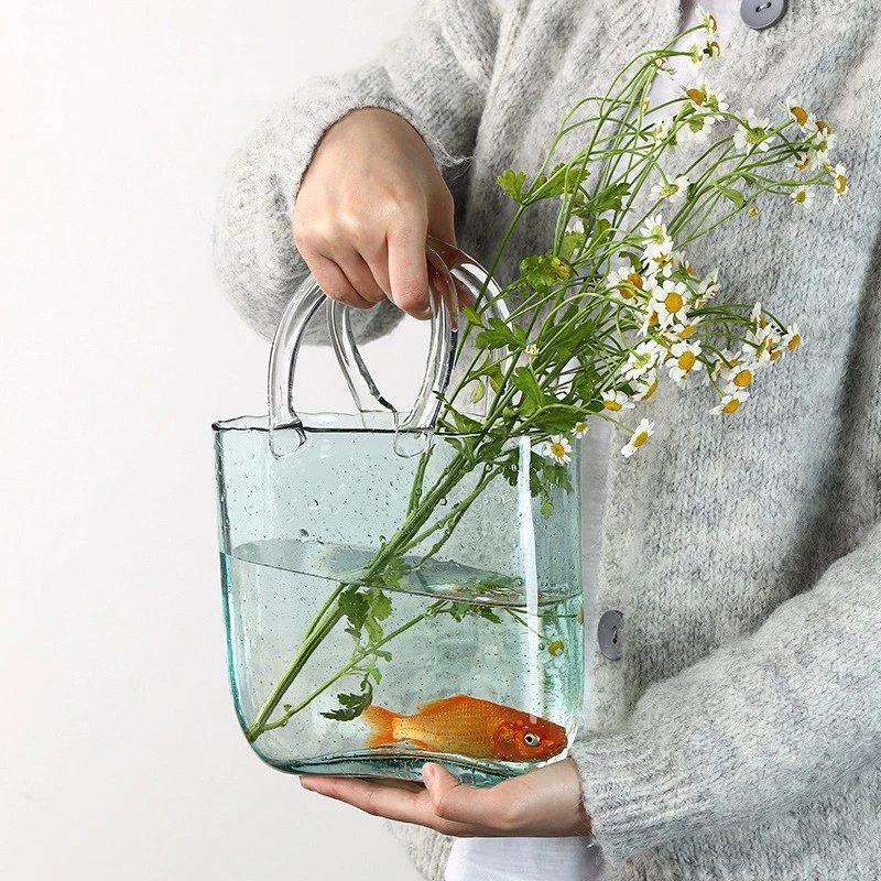 Small Glass Handbag Vase with Unique Hydroponic Container Art Deco Style Tabletop Terrarium for Home Decor Wedding Decoration