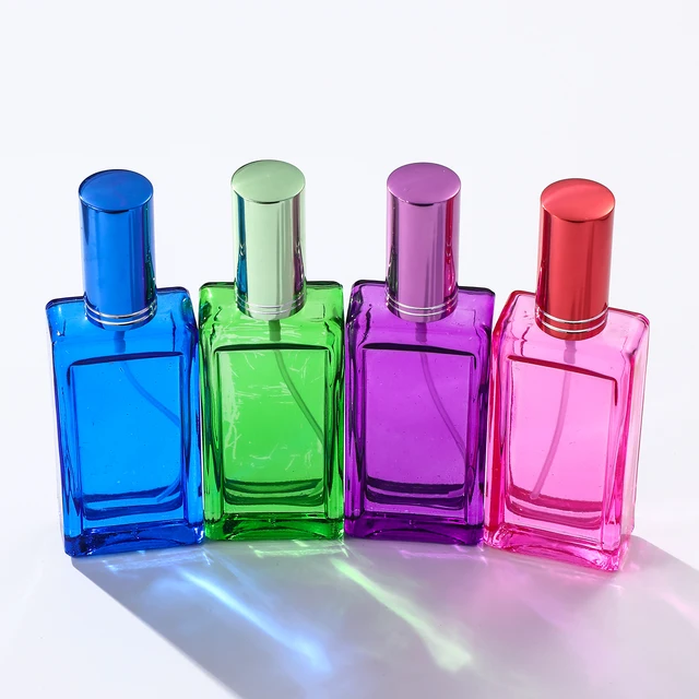 Square shape colored empty perfume bottle flat screw glass bottle 50ml with pump